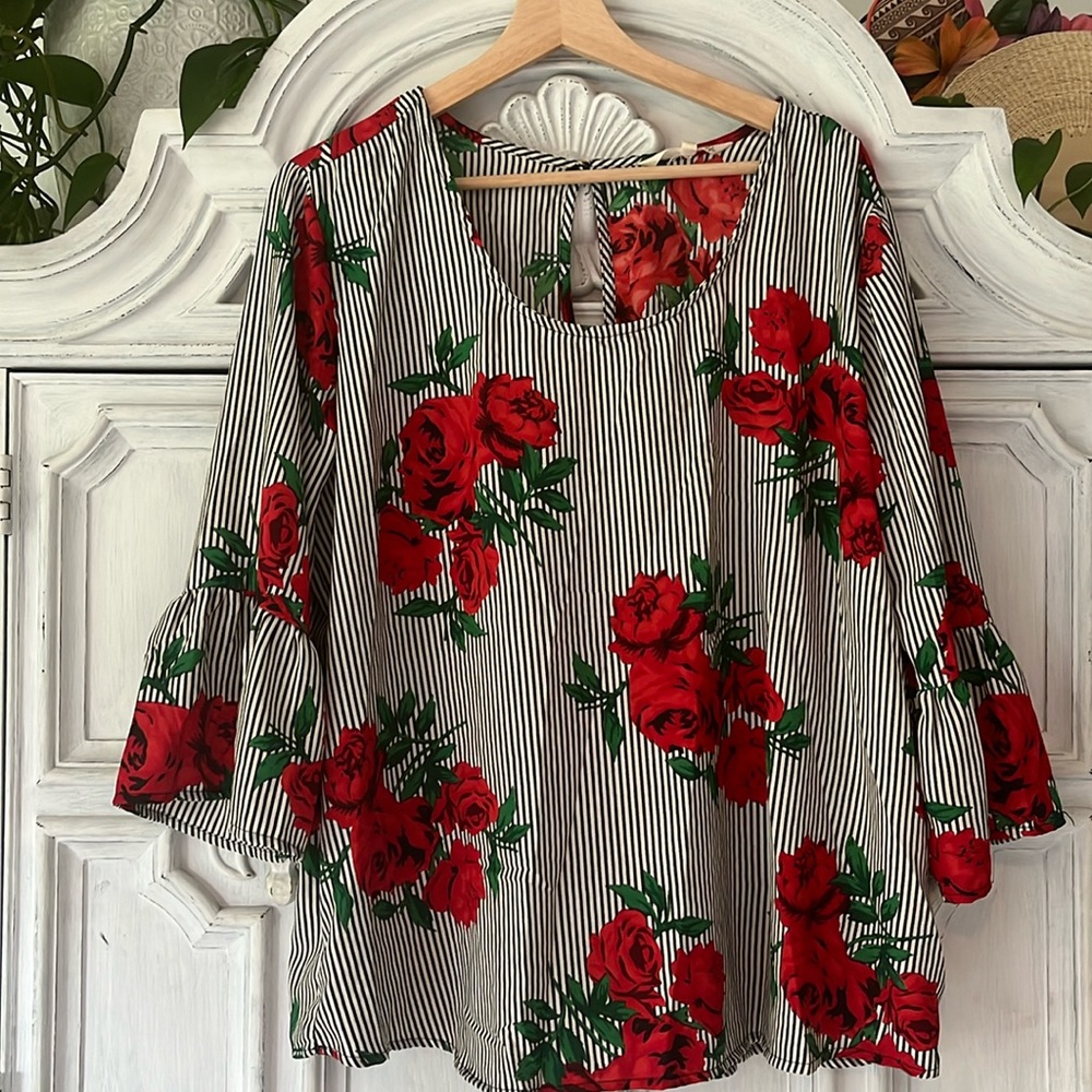 Indulge Black/White Rose Striped Blouse with Bell Sleeves and Key Hole Back 2X
